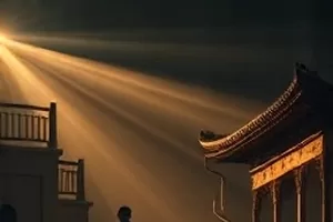剧集《摩天楼下》封面，仰拍的高楼与狭长天空